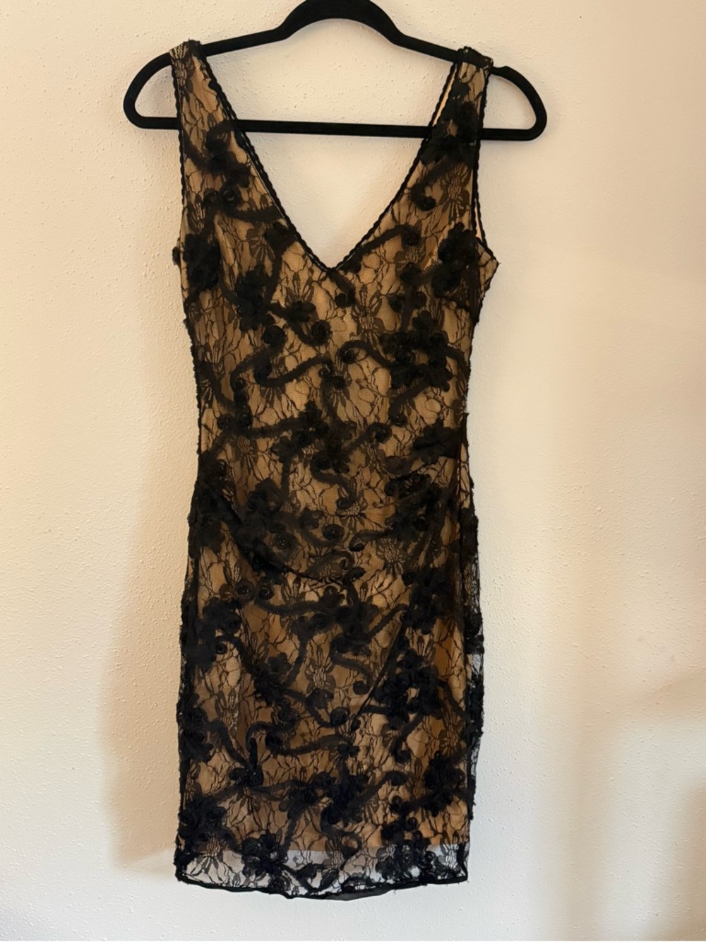 Nicole Miller Black Lace Dress with Nude Underlay
